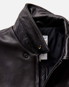 fit model in The Moto Jacket in Black Steerhide, Outerwear by Taylor Stitch