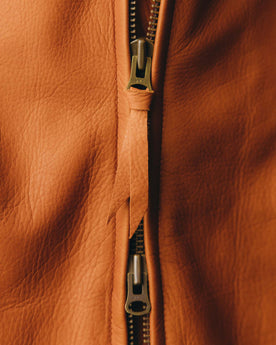 fit model showing the front of The Moto Jacket in Whiskey Steerhide, Outerwear by Taylor Stitch