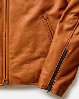 fit model showing the back of The Moto Jacket in Whiskey Steerhide, Outerwear by Taylor Stitch