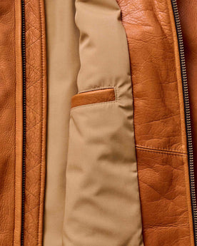 material shot of the shoulder detail on The Moto Jacket in Whiskey Steerhide, Outerwear by Taylor Stitch