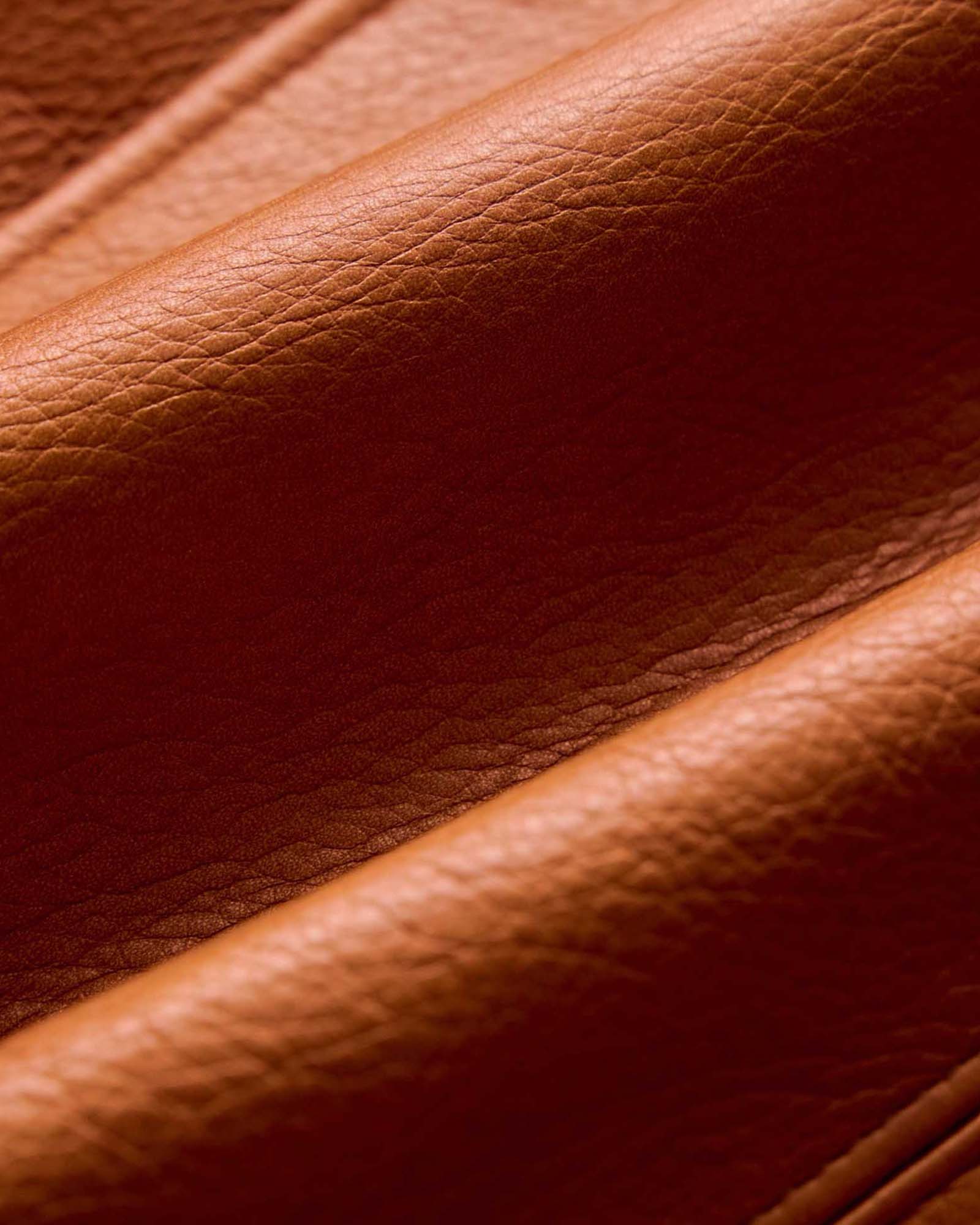 material shot of the zipper on The Moto Jacket in Whiskey Steerhide, Outerwear by Taylor Stitch