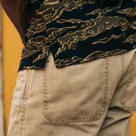 fit model wearing The Camp Pant in Khaki Herringbone, back pocket