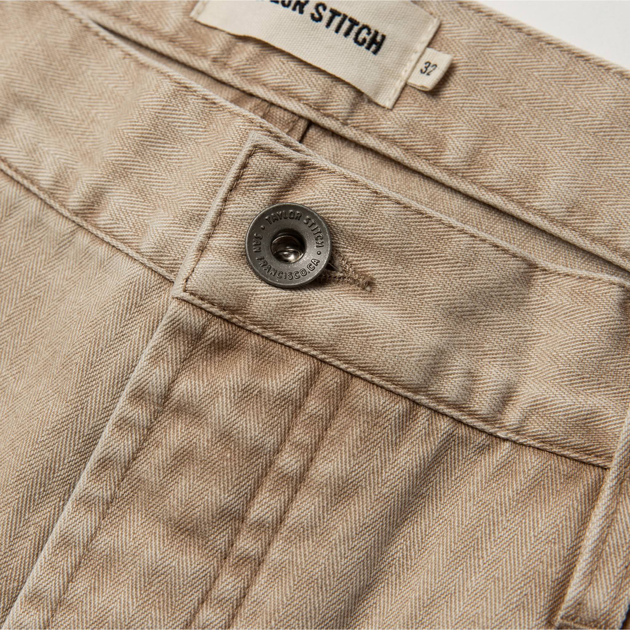 material shot of button, Bottoms by Taylor Stitch