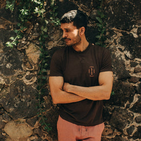 fit model wearing The Cotton Hemp Tee in Espresso Todo Chido, arms crossed