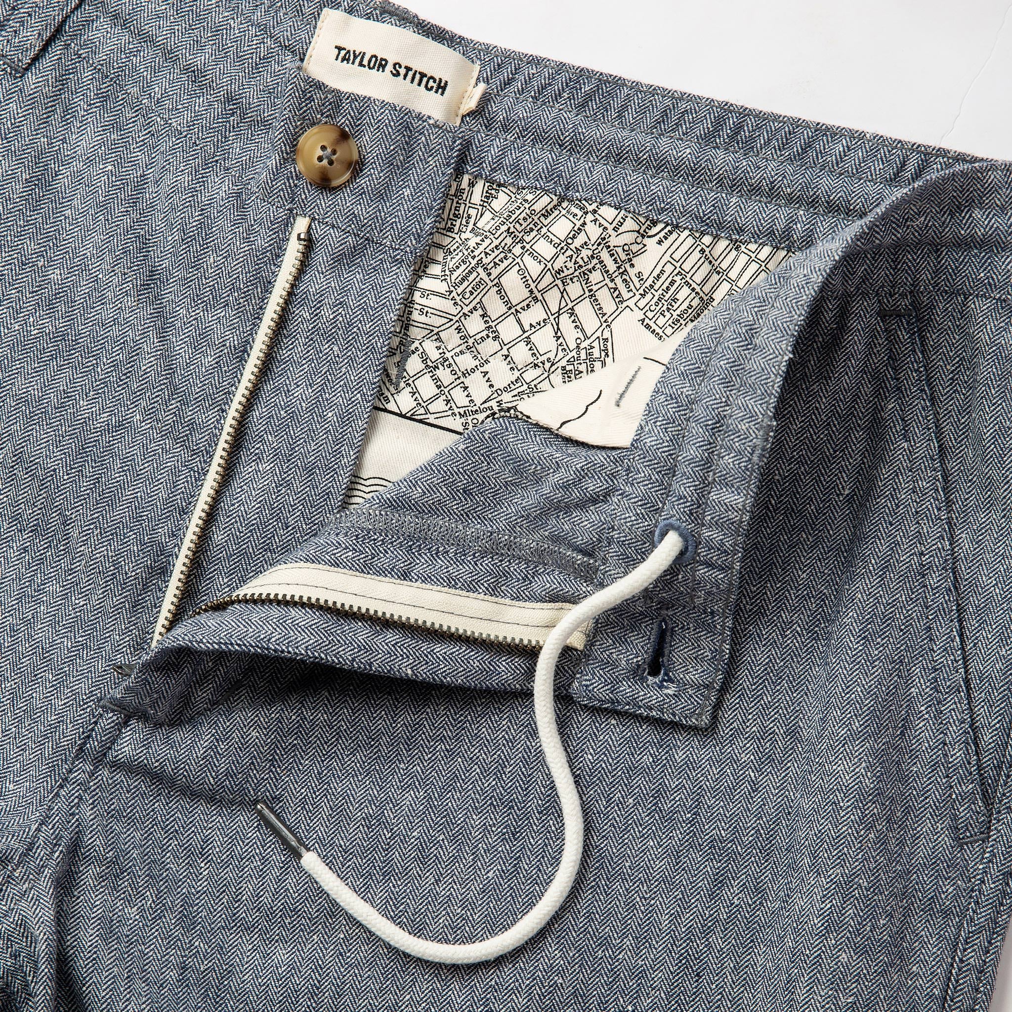 material shot of fly, Bottoms by Taylor Stitch