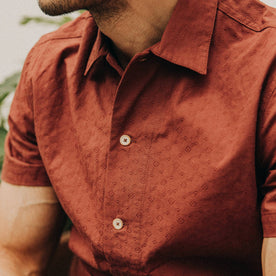 fit model wearing The Havana in Rusted Floral Jacquard, chest detail