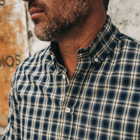 fit model wearing The Jack in Marino Plaid, cropped shot of collar