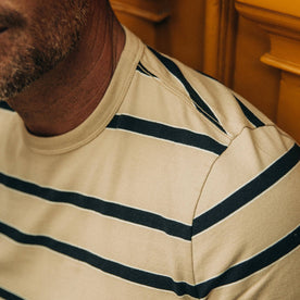 fit model wearing The Organic Cotton Tee in Khaki Stripe, shoulder detail