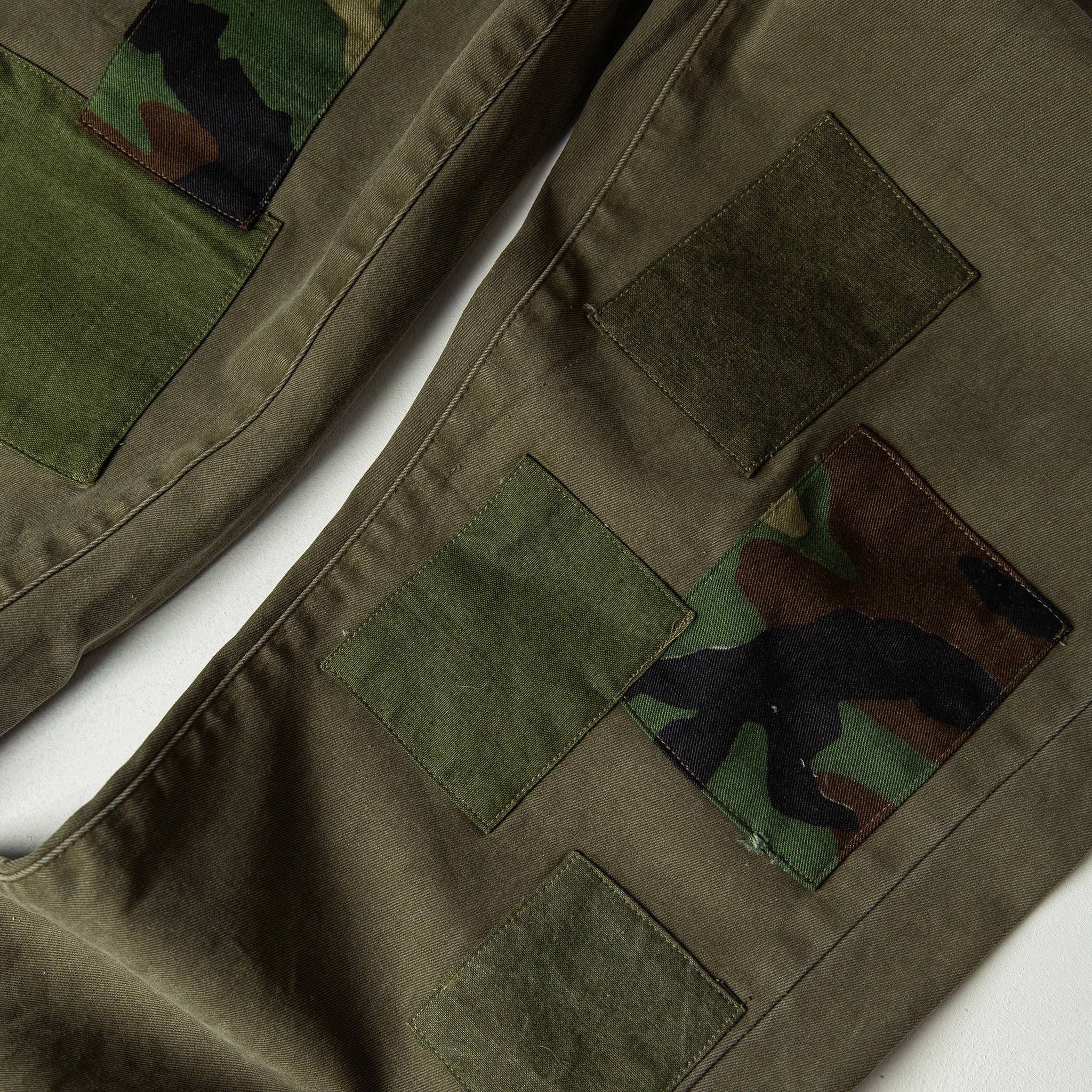 material shot of The Atelier and Repairs Chino in Olive, patches on front, Bottoms by Taylor Stitch