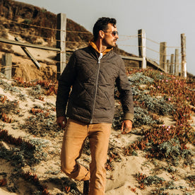 fit model wearing The Quilted Bomber Jacket in Espresso, looking right, Outerwear by Taylor Stitch
