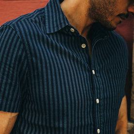 fit model wearing The Short Sleeve California in Indigo Jacquard Stripe, chest detail
