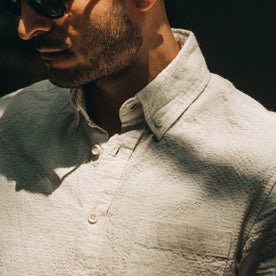 fit model wearing flatlay of The Short Sleeve Jack in Natural Ramie Grid, cropped shot of collar and chest