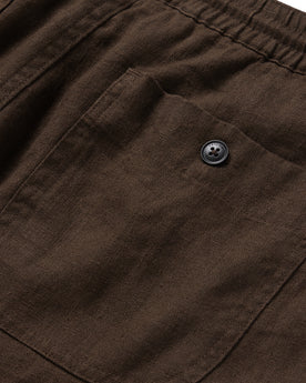 material shot of the rear pocket on The Apres Short in Espresso Hemp, Shorts by Taylor Stitch
