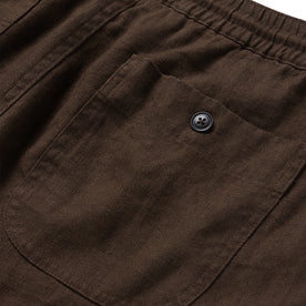 material shot of the rear pocket on The Apres Short in Espresso Hemp