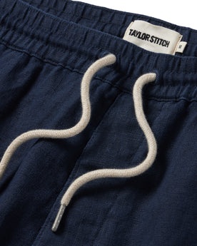 material shot of the drawcords on The Apres Short in Navy Hemp, Shorts by Taylor Stitch