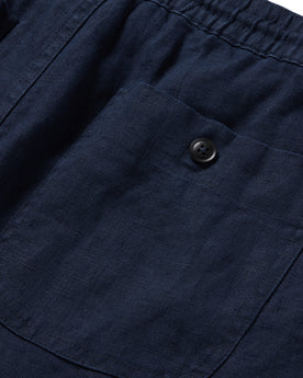 material shot of the rear pocket on The Apres Short in Navy Hemp, Shorts by Taylor Stitch