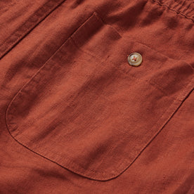 material shot of the rear pocket on The Apres Short in Sienna Hemp