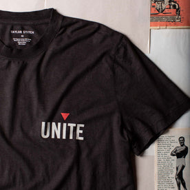 material shot of the Unite logo on The Cotton Hemp Tee in Unite