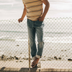 fit model wearing The Democratic Jean in Patch Wash Selvage