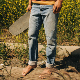 fit model standing in The Democratic Jean in Patch Wash Selvage