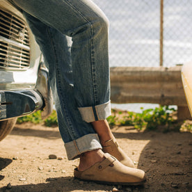 fit model showing the cuff detail on The Democratic Jean in Patch Wash Selvage
