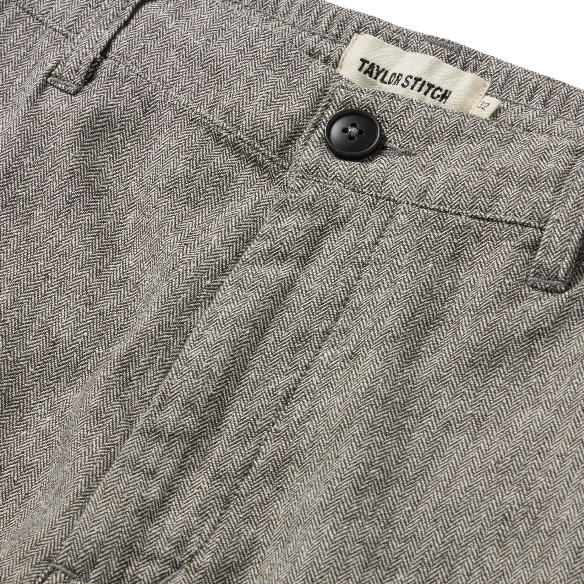 material shot of the fly of The Easy Short in Charcoal Herringbone, Bottoms by Taylor Stitch