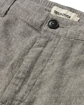 material shot of the fly of The Easy Short in Charcoal Herringbone, Bottoms by Taylor Stitch