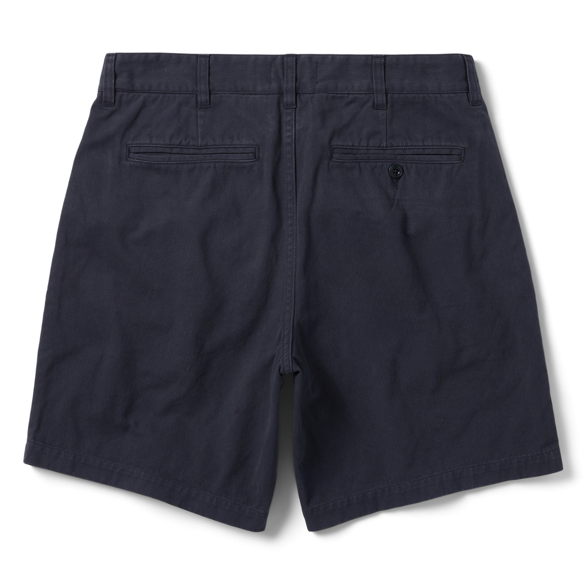 flatlay of  The Foundation Short in Navy Twill, shown from the back, Bottoms by Taylor Stitch
