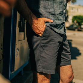 fit model showing the side of The Foundation Short in Navy Twill
