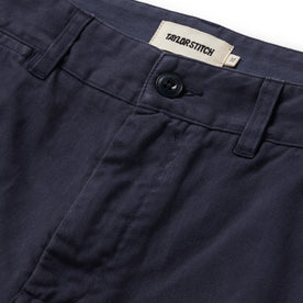 material shot of the button fly on The Foundation Short in Navy Twill