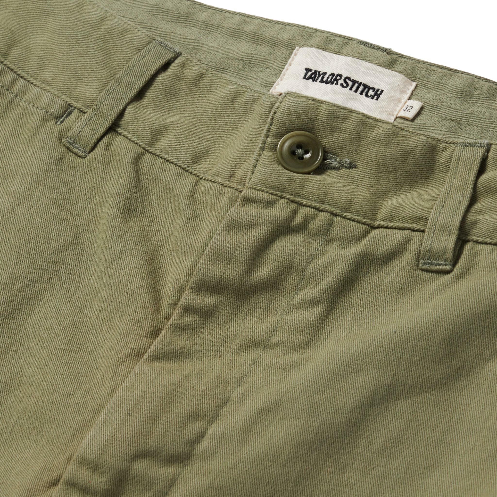 material shot of the button fly on The Foundation Short in Olive Twill, Bottoms by Taylor Stitch