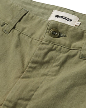 material shot of the button fly on The Foundation Short in Olive Twill, Bottoms by Taylor Stitch