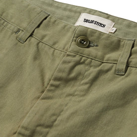 material shot of the button fly on The Foundation Short in Olive Twill