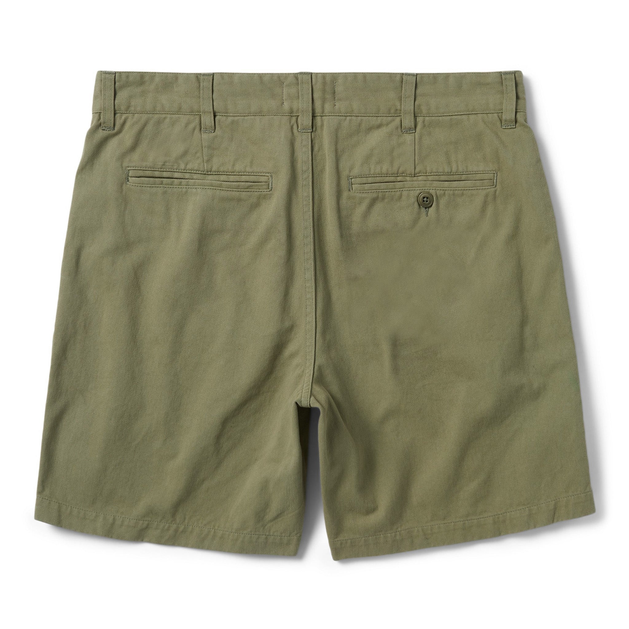 flatlay of The Foundation Short in Olive Twill, shown from the back, Bottoms by Taylor Stitch