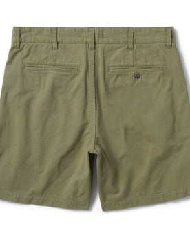 flatlay of The Foundation Short in Olive Twill, shown from the back, Bottoms by Taylor Stitch