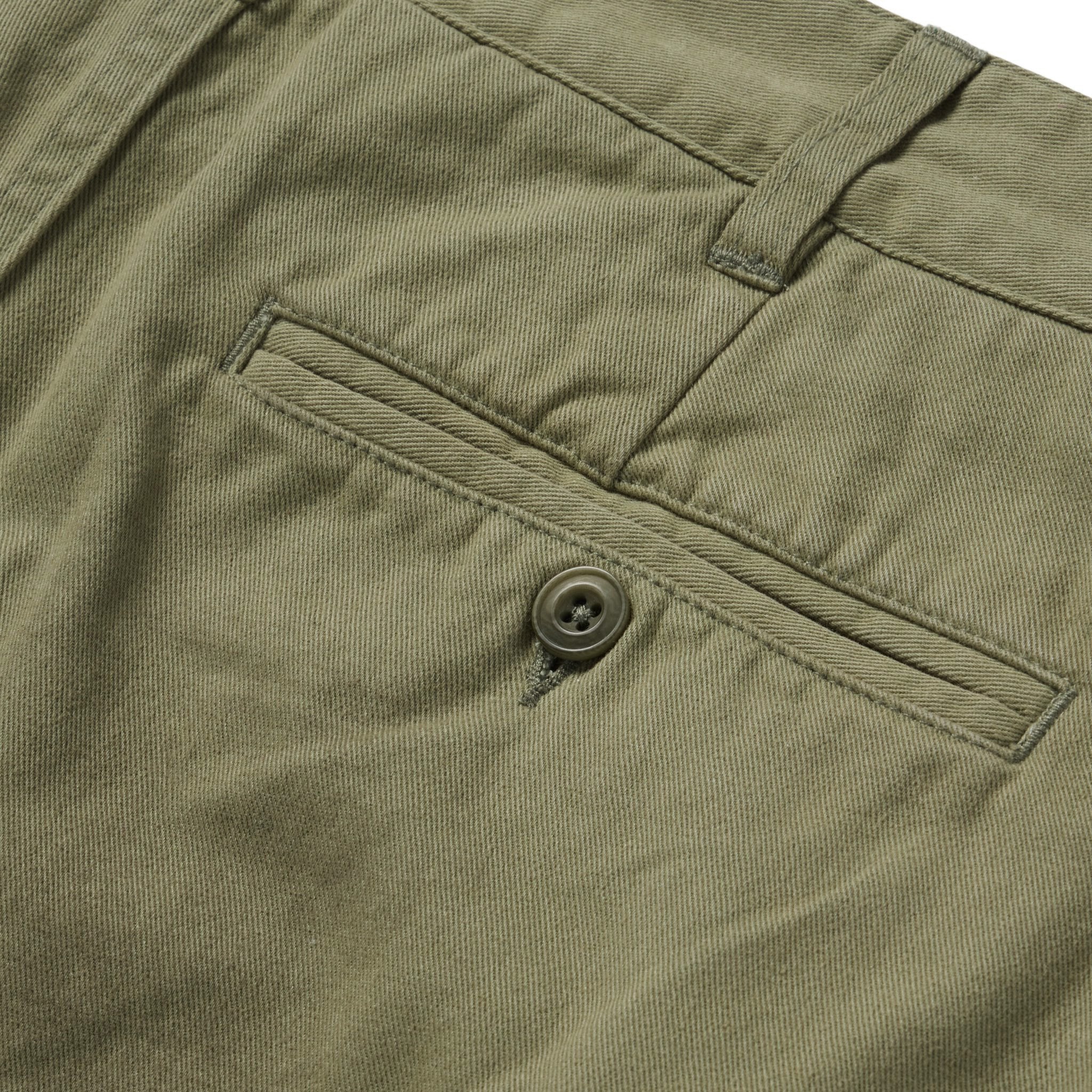 material shot of the back pocket on The Foundation Short in Olive Twill, Bottoms by Taylor Stitch