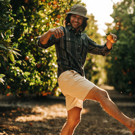 fit model kicking in The Foundation Short in Natural Twill