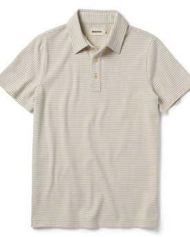 flatlay of The Heavy Bag Polo in Natural and Oatmeal Stripe, Knits by Taylor Stitch