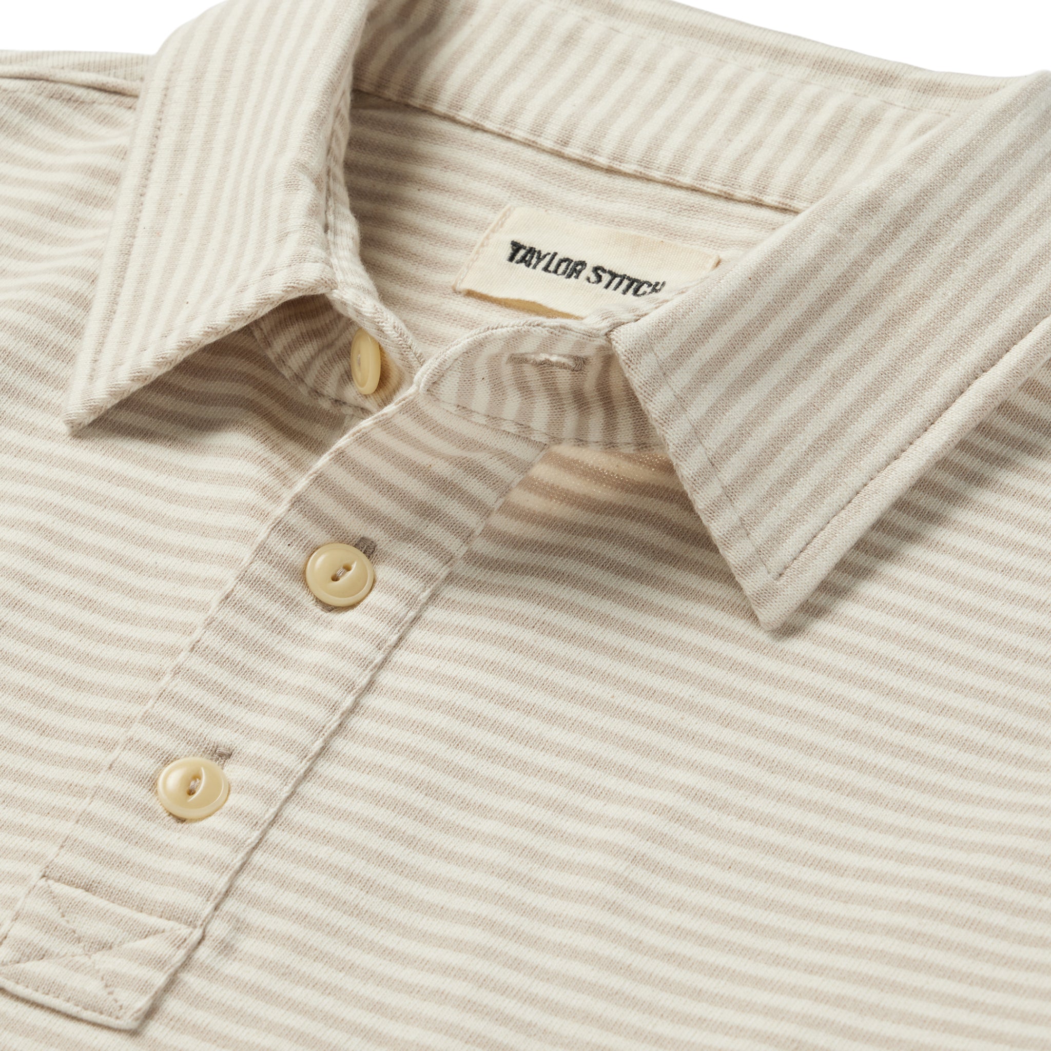 material shot of the collar on The Heavy Bag Polo in Natural and Oatmeal Stripe, Knits by Taylor Stitch