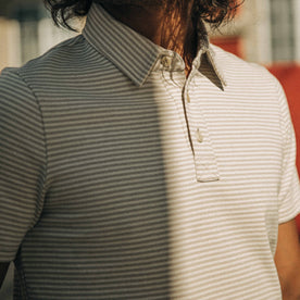 fit model showing the striped pattern on The Heavy Bag Polo in Natural and Oatmeal Stripe