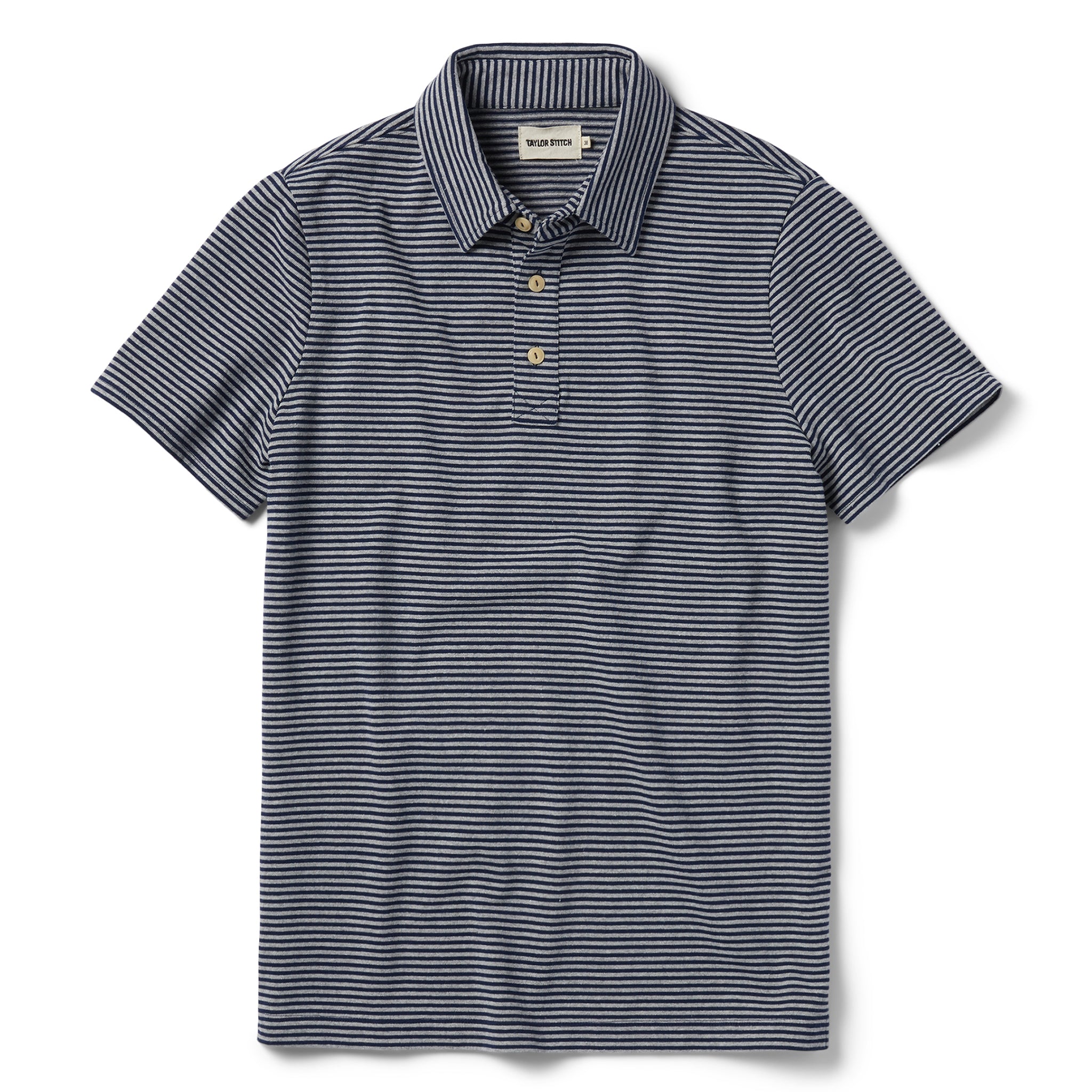 flatlay of The Heavy Bag Polo in Navy and Ash Stripe, Knits by Taylor Stitch