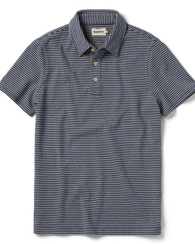 flatlay of The Heavy Bag Polo in Navy and Ash Stripe, Knits by Taylor Stitch