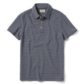 flatlay of The Heavy Bag Polo in Navy and Ash Stripe