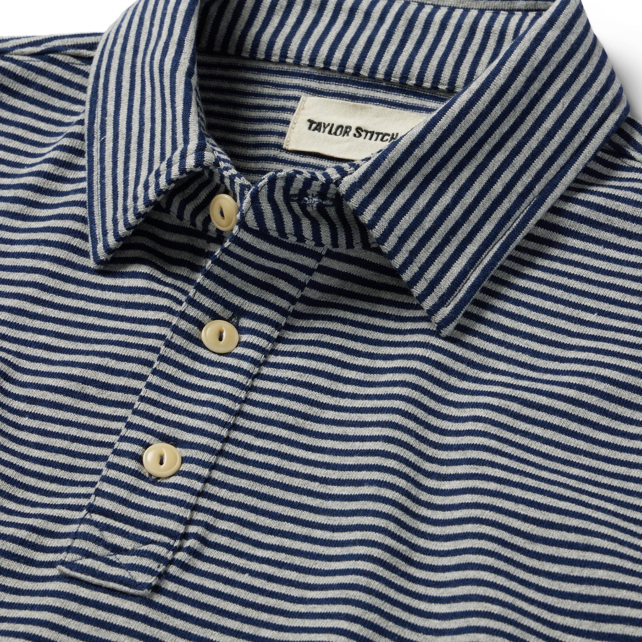 material shot of the collar on The Heavy Bag Polo in Navy and Ash Stripe, Knits by Taylor Stitch