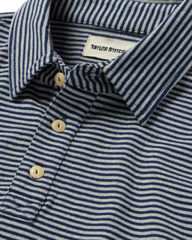 material shot of the collar on The Heavy Bag Polo in Navy and Ash Stripe, Knits by Taylor Stitch