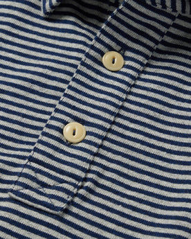 material shot of the buttons on The Heavy Bag Polo in Navy and Ash Stripe, Knits by Taylor Stitch