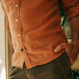 fit model showing the front buttons on The Jack in Apricot Linen