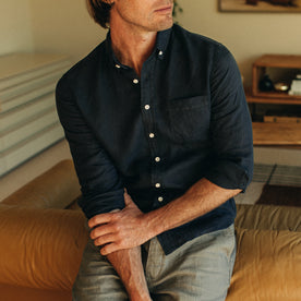 fit model sitting in The Jack in Navy Linen