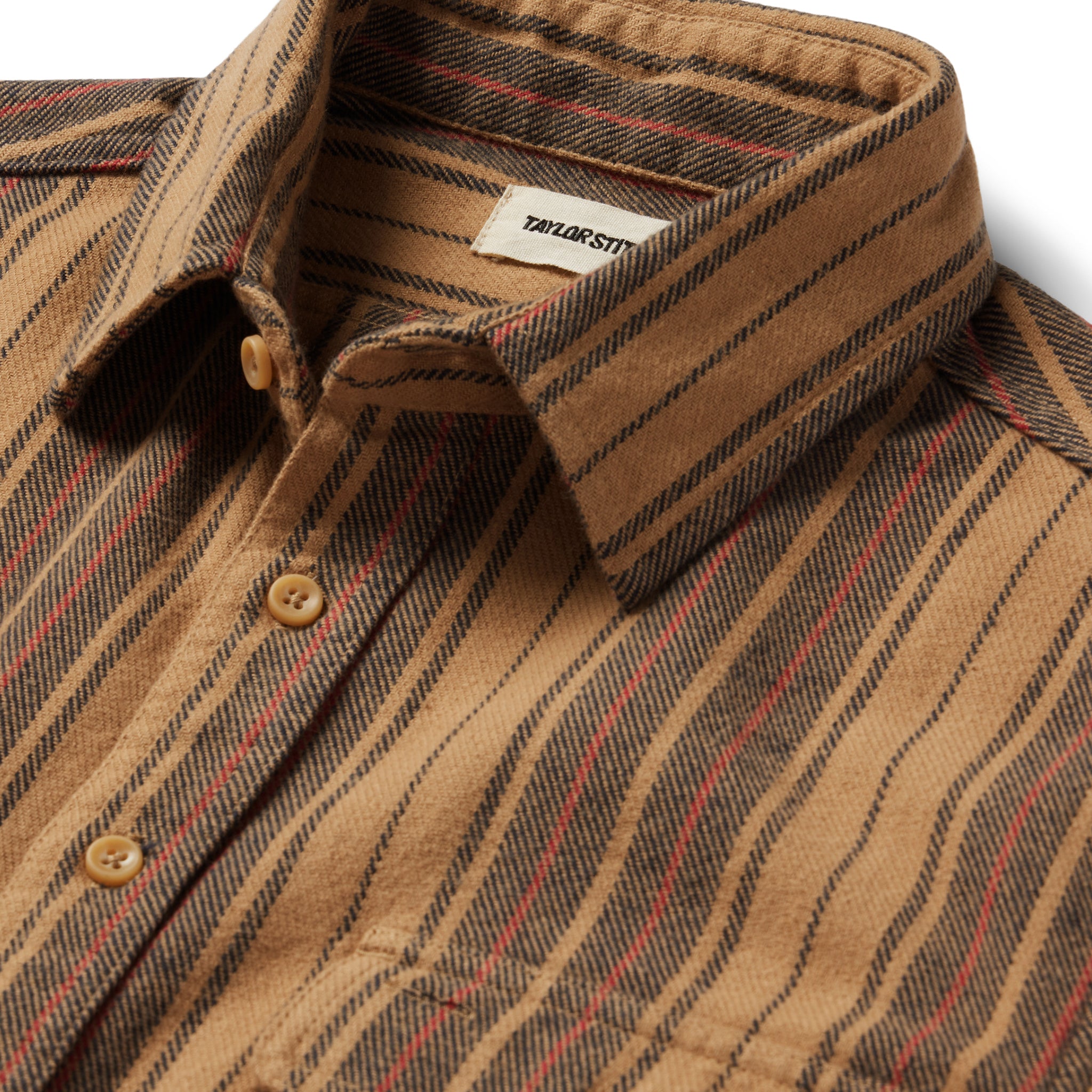 material shot of the collar and buttons on The Ledge Shirt in Sunset Stripe, Wovens by Taylor Stitch
