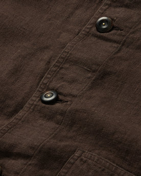 material shot of the buttons on The Ojai Jacket in Espresso Hemp, Wovens by Taylor Stitch